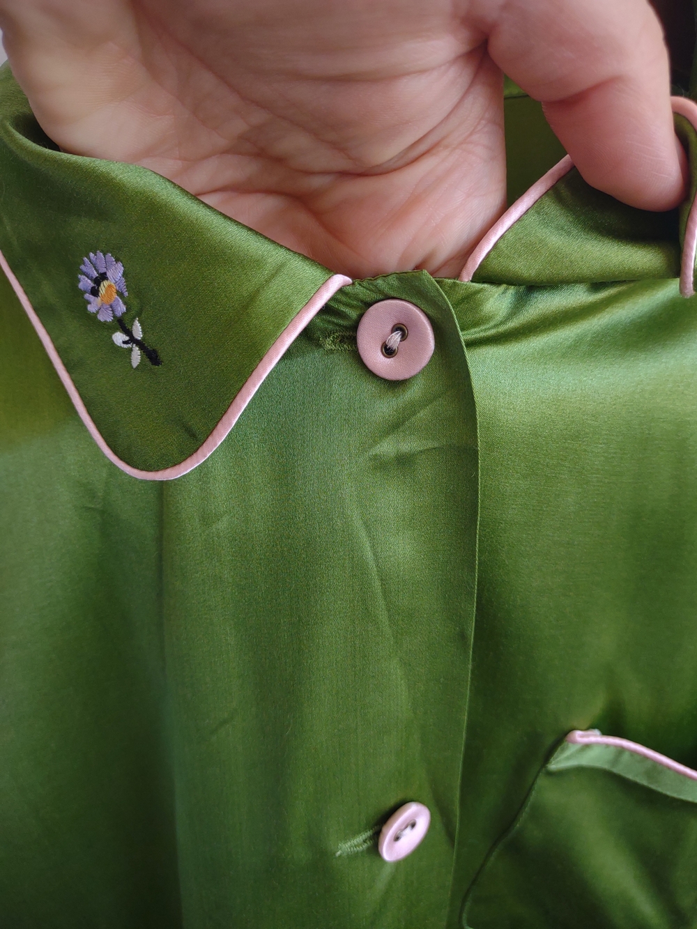 MORGAN LANE Ruthie and Chantal Green Embroidered Silk Blend PJ Top . - Picture 5 of 11